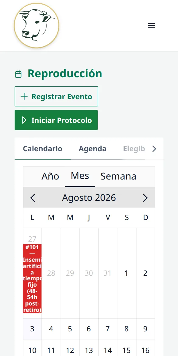 Calendario reproductivo en el celular con una inseminación programada